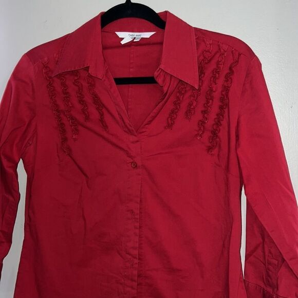 Zara Basic Women's Red 3/4 Sleeves Button Up Ruffle Front Shirt Size Small - Picture 2 of 7